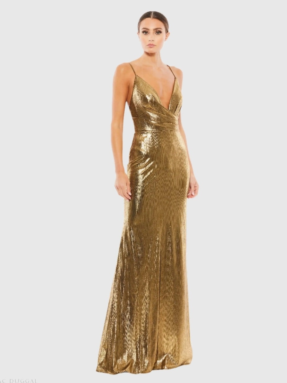 Ieena for Mac Duggal Gold Metallic Faux Wrap Spaghetti Strap Gown Size 6